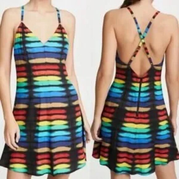 Women Alice + Olivia Rainbow Print Block Tie Dye Strappy Mini Dress 4 - Picture 2 of 10